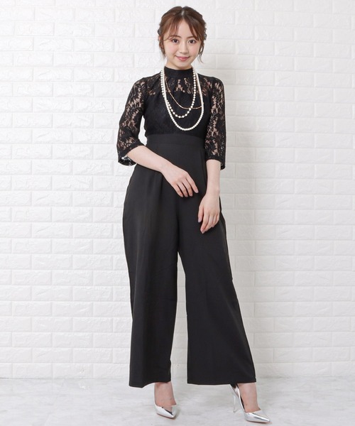 Lace Ladies パンツドレス レース切替ハイウエストワイドパンツ