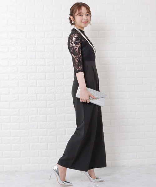 レースレディース Lace Ladies レース切替ハイウエストワイドパンツドレス （グレー） Lace Ladies パンツドレス レース切替ハイウエストワイドパンツ
