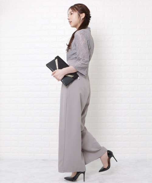 レースレディース Lace Ladies レース切替ハイウエストワイドパンツドレス （グレー） Lace Ladies パンツドレス レース切替ハイウエストワイドパンツ