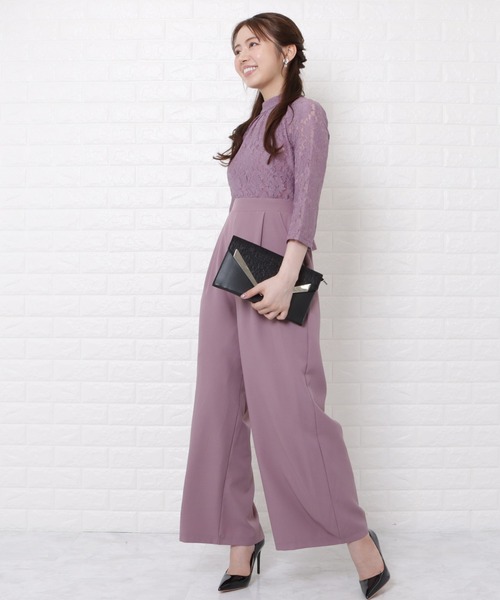 レースレディース Lace Ladies レース切替ハイウエストワイドパンツドレス （グレー） レースレディース Lace Ladies レース切替ハイウエストワイド