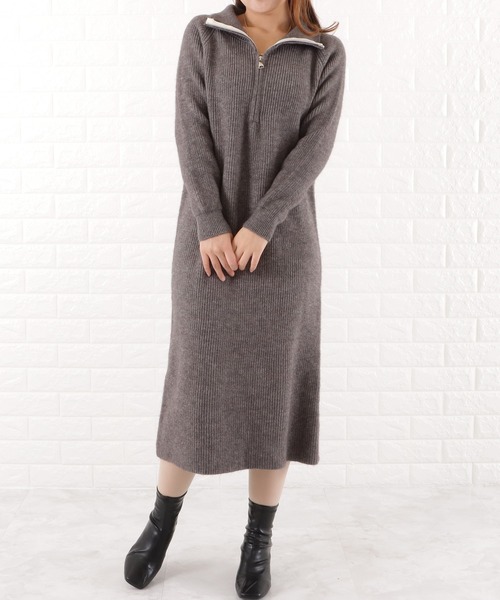 美品.定価1.7万☆シップス 洗える 袖裾レース リブ編みニットワンピース Lace Ladies（レースレディース） ワンピース ハーフジップリブニット