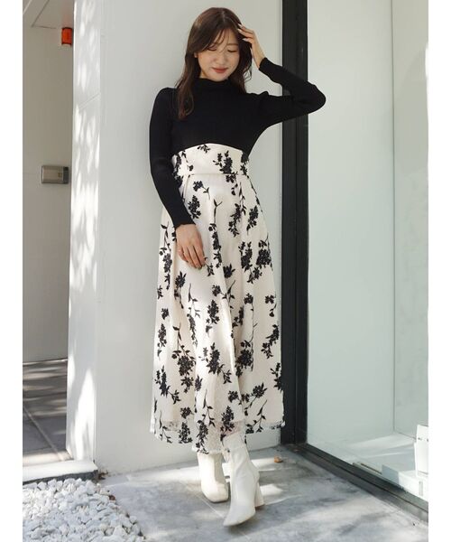 ワンピース 【To/】レースエンブロイダリーニットドッキンワンピース  