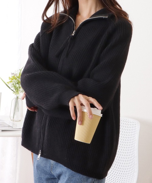 カーディガン スタンドカラージップアップニット レディース Lace Ladies ニット セーター スタンドカラージップアップニット