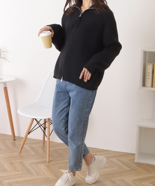 カーディガン スタンドカラージップアップニット レディース Lace Ladies ニット セーター スタンドカラージップアップニット