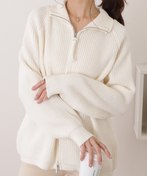 【関税込み】LE17SEPTEMBRE グレー ジップアップカーディガン Lace Ladies ニット セーター スタンドカラージップアップニット