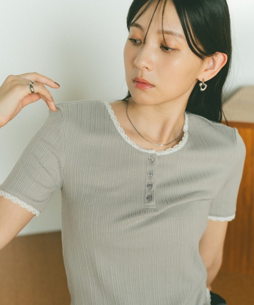 VANNIE U tシャツ ヘンリーネックレースカットソー レディース