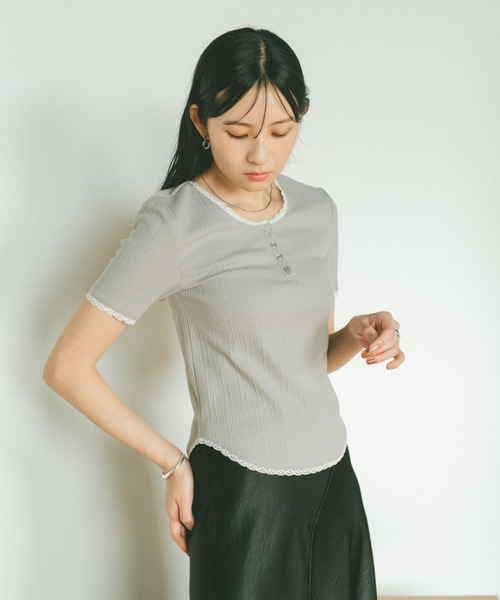 VANNIE U tシャツ ヘンリーネックレースカットソー レディース