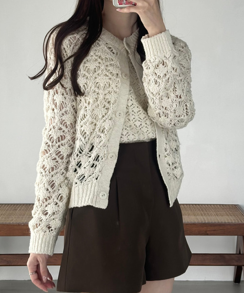 CLANE】クラネ ベージュ メッシュ編み カーディガン レディース