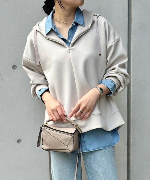 ブラウス シャツ 「シルエット変更可大人デニム」パール釦オーバーデニムシャツ レディースの画像