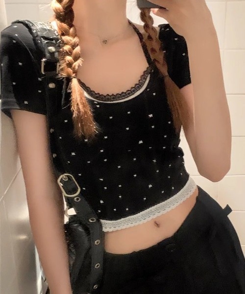 tシャツ ドット リボン レース フェイクレイヤード ピチTシャツ
