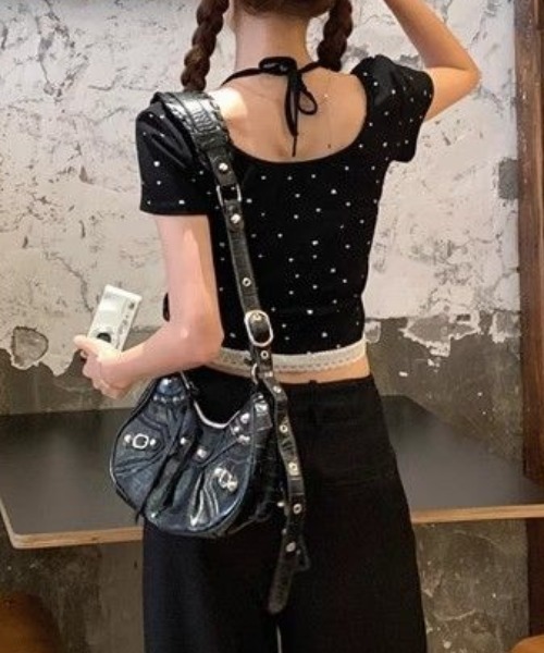tシャツ ドット リボン レース フェイクレイヤード ピチTシャツ