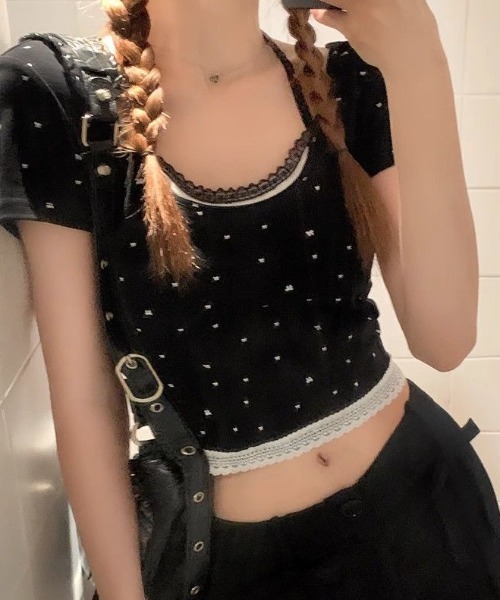 tシャツ ドット リボン レース フェイクレイヤード ピチTシャツ