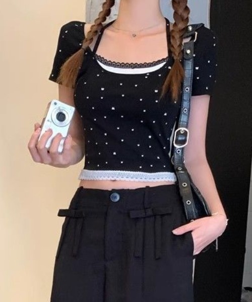 tシャツ ドット リボン レース フェイクレイヤード ピチTシャツ