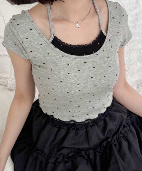 tシャツ ドット リボン レース フェイクレイヤード ピチTシャツ