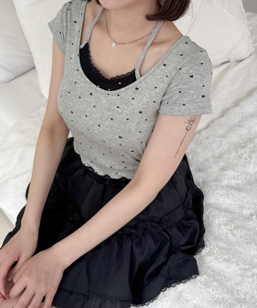 tシャツ ドット リボン レース フェイクレイヤード ピチTシャツ