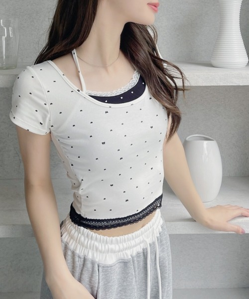 tシャツ ドット リボン レース フェイクレイヤード ピチTシャツ