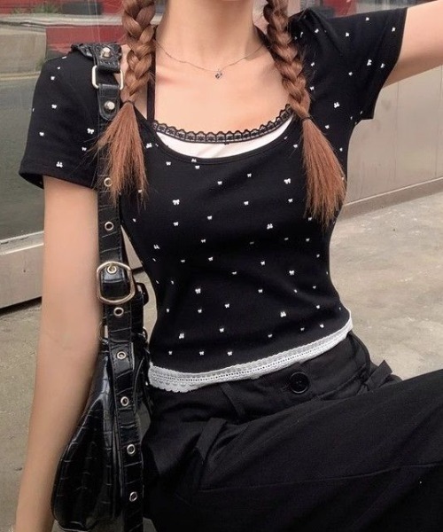 tシャツ ドット リボン レース フェイクレイヤード ピチTシャツ