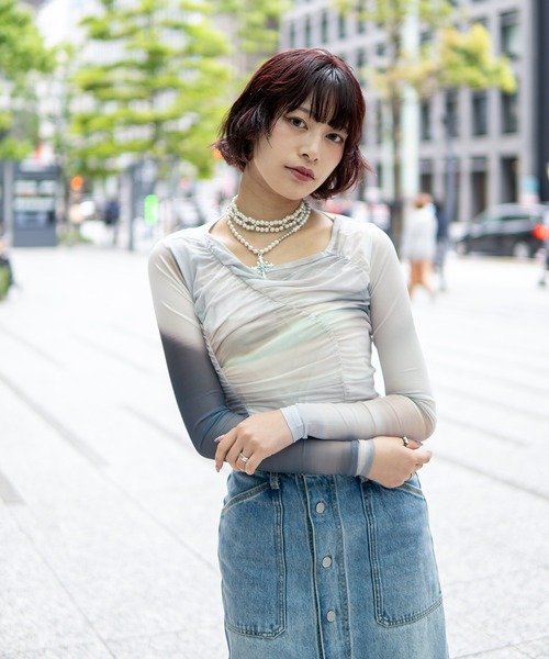 tシャツ 「tageechita」アートプリント×ドレープ シアー長袖カットソー レディース tageechita tシャツ 「tageechita」アートプリントシアー