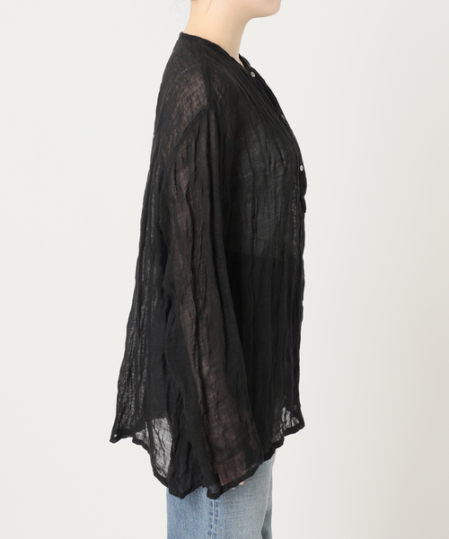 Framework / フレームワーク | 2025SS | LINEN クレープ ヘンリー ネック ブラウス シャツ | ブラック | レディース LINENmixクレープヘンリーネックブラウス（シャツ／ブラウス