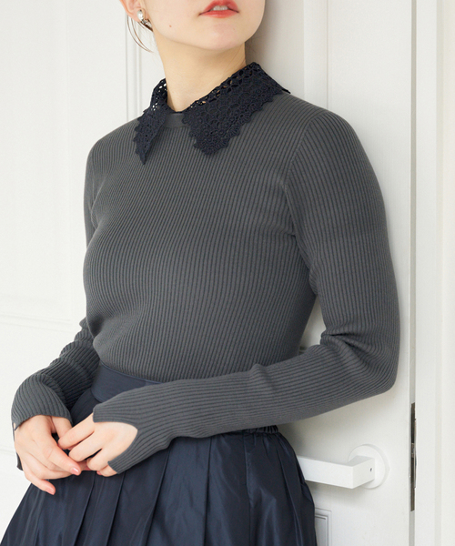 IENA ニット セーター レース襟 RIBホールガーメントプル