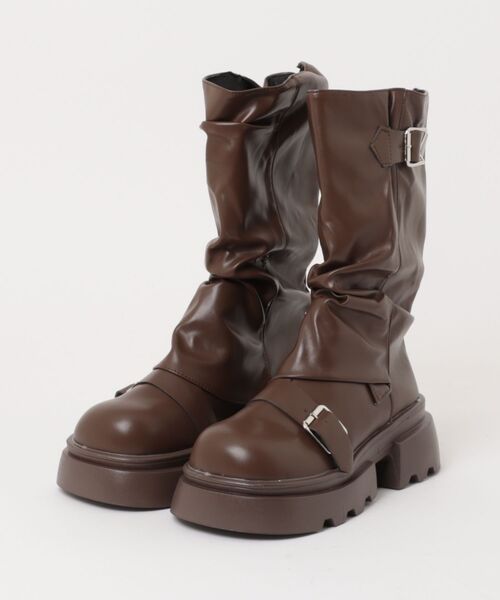 ブーツ 厚底ヴィンテージ シュリンクドフェイクレザー スクエア