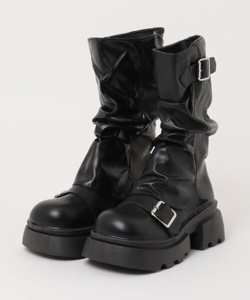 ブーツ 厚底ヴィンテージ シュリンクドフェイクレザー スクエア