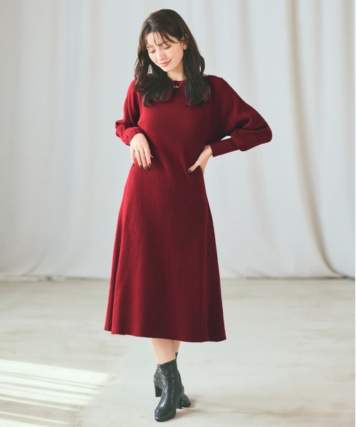 ワンピース パターンリブフレアニットワンピース 「低身長・小柄女性