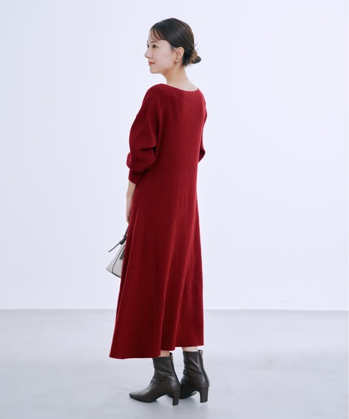 ワンピース パターンリブフレアニットワンピース 「低身長・小柄女性