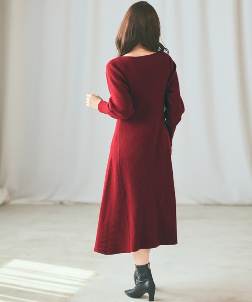 ワンピース パターンリブフレアニットワンピース 「低身長・小柄女性