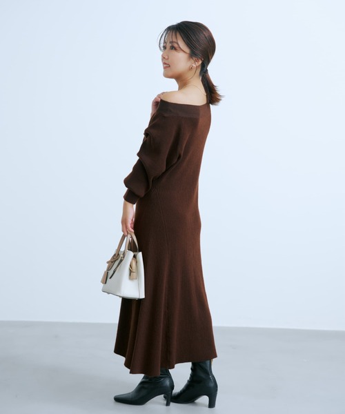 ワンピース パターンリブフレアニットワンピース 「低身長・小柄女性