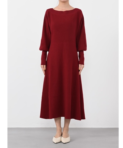 リムアーク　リブフレアロングニットワンピース　ブラウン 予約]カットアウト配色リブニットワンピース/ブラウン×ライトグリーン