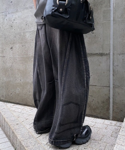 lilful ワイドパンツ ジーンズ ウォッシュ加工 ダメージカーブ