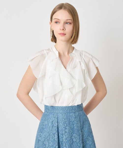 美品 22AW ANAYI アナイ ライトローンスタンドラッフルブラウス フレンチスリーブ フリル シャツ 38 ホワイト レディース 古着 中古 USED ANAYI（アナイ） ブラウス シャツ ライトローンラッフル ブラウス