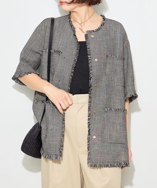 ジャケット ノーカラージャケット TWEEDY MESH ショートスリーブジャケット レディースの画像