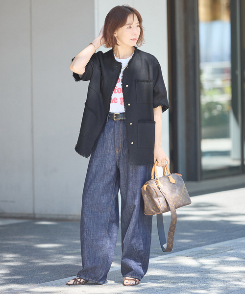 ジャケット ノーカラージャケット TWEEDY MESH ショートスリーブジャケット レディースの画像