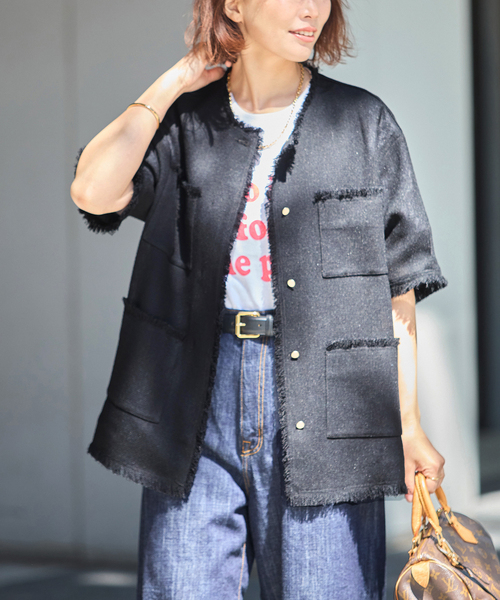 ジャケット ノーカラージャケット TWEEDY MESH ショートスリーブジャケット レディースの画像