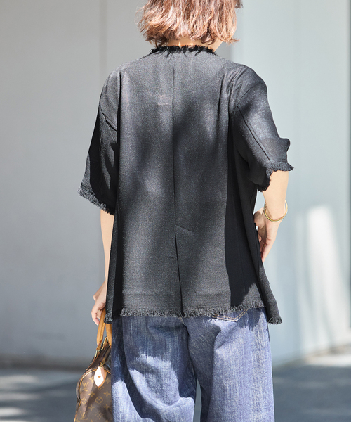 ジャケット ノーカラージャケット TWEEDY MESH ショートスリーブジャケット レディースの画像