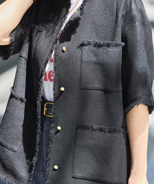 ジャケット ノーカラージャケット TWEEDY MESH ショートスリーブジャケット レディースの画像
