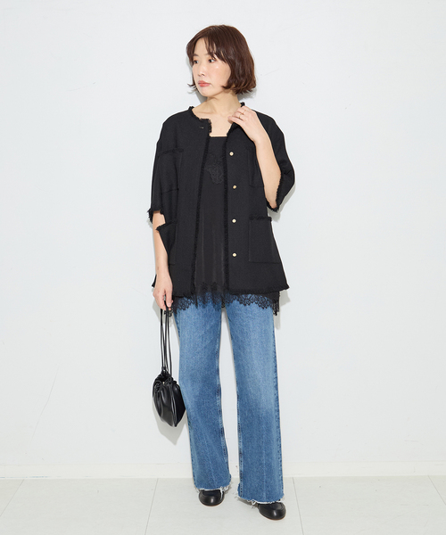 ジャケット ノーカラージャケット TWEEDY MESH ショートスリーブジャケット レディースの画像