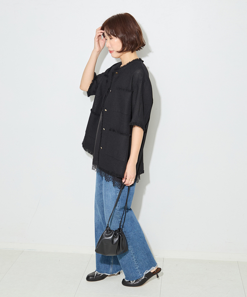 ジャケット ノーカラージャケット TWEEDY MESH ショートスリーブジャケット レディースの画像