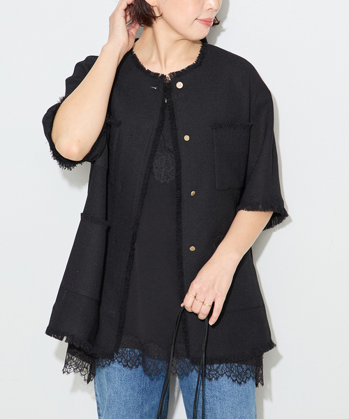 ジャケット ノーカラージャケット TWEEDY MESH ショートスリーブジャケット レディースの画像