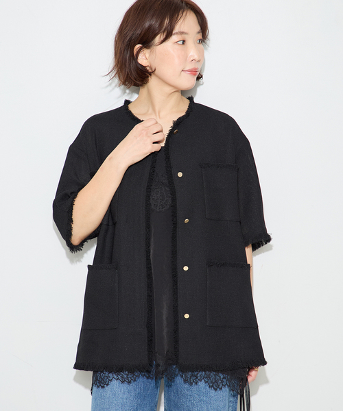 ジャケット ノーカラージャケット TWEEDY MESH ショートスリーブジャケット レディースの画像