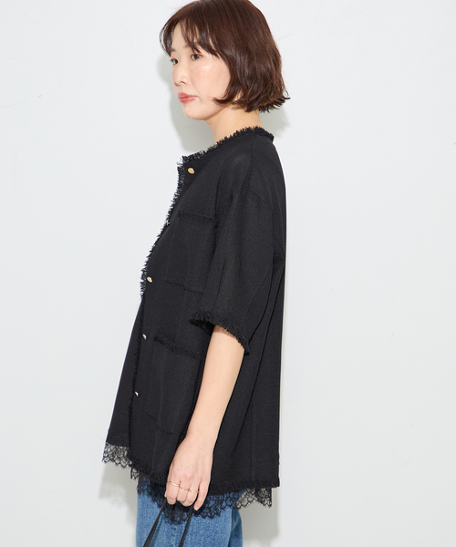 ジャケット ノーカラージャケット TWEEDY MESH ショートスリーブジャケット レディースの画像