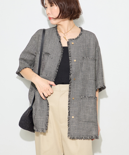 ジャケット ノーカラージャケット TWEEDY MESH ショートスリーブジャケット レディースの画像