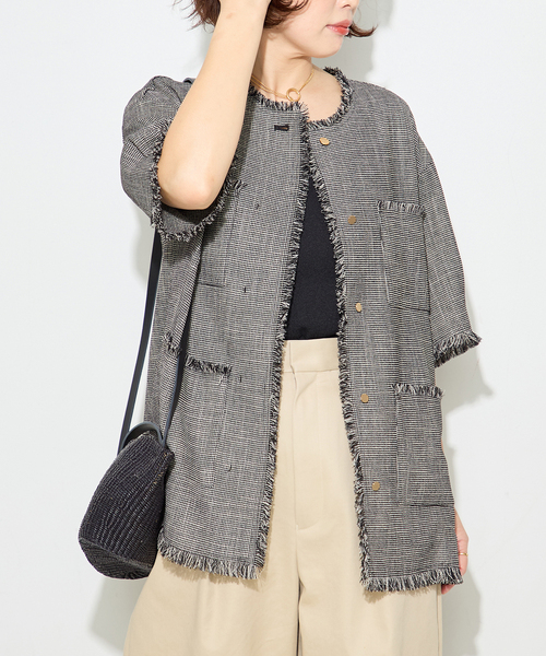 ジャケット ノーカラージャケット TWEEDY MESH ショートスリーブジャケット レディースの画像
