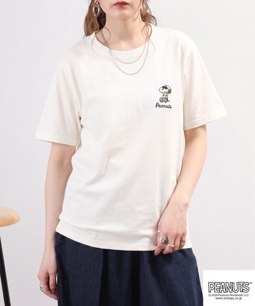 PEANUTS tシャツ 半袖 ジョー・クール柄バック刺繍半袖Tシャツ