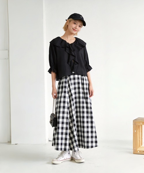 Sew loop ロング スカート 夏 ギンガムチェックフレアスカート