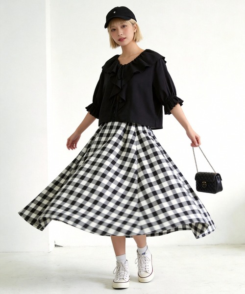 Sew loop ロング スカート 夏 ギンガムチェックフレアスカート