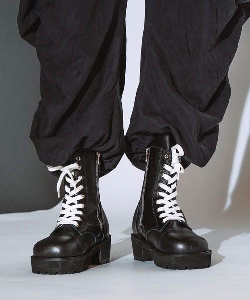 NO ID. レザーサイドジップブーツ ブラック 本革 サイズ42 NO ID.（ノーアイディー） ブーツ 「NO ID.」Side Zip Lace-Up Boots