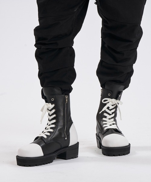 NO ID. レザーサイドジップブーツ ブラック 本革 サイズ42 NO ID.（ノーアイディー） ブーツ 「NO ID.」Side Zip Lace-Up Boots